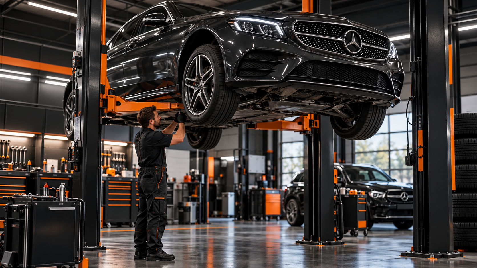 Illustration: Mercedes-Benz auf einer Hebebühne in einer Werkstatt
